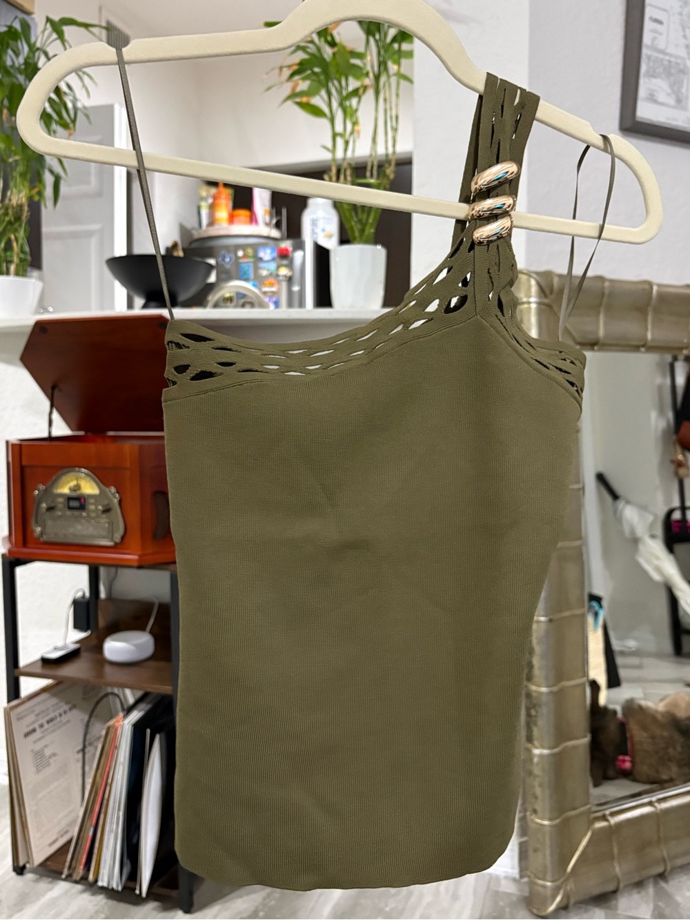 Zara Olive Green One-Shoulder Knit Top with Braided Strap